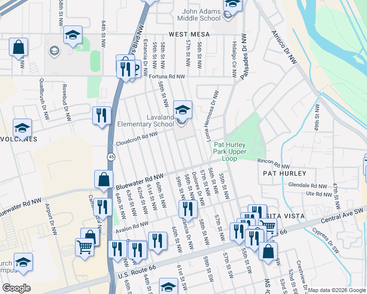 map of restaurants, bars, coffee shops, grocery stores, and more near 424 Dolores Drive Northwest in Albuquerque