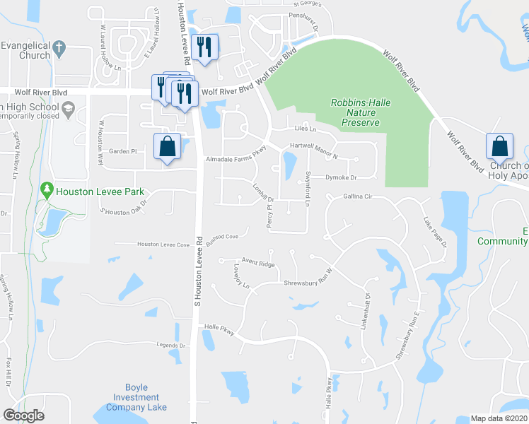 map of restaurants, bars, coffee shops, grocery stores, and more near 1799 Percy Place in Collierville