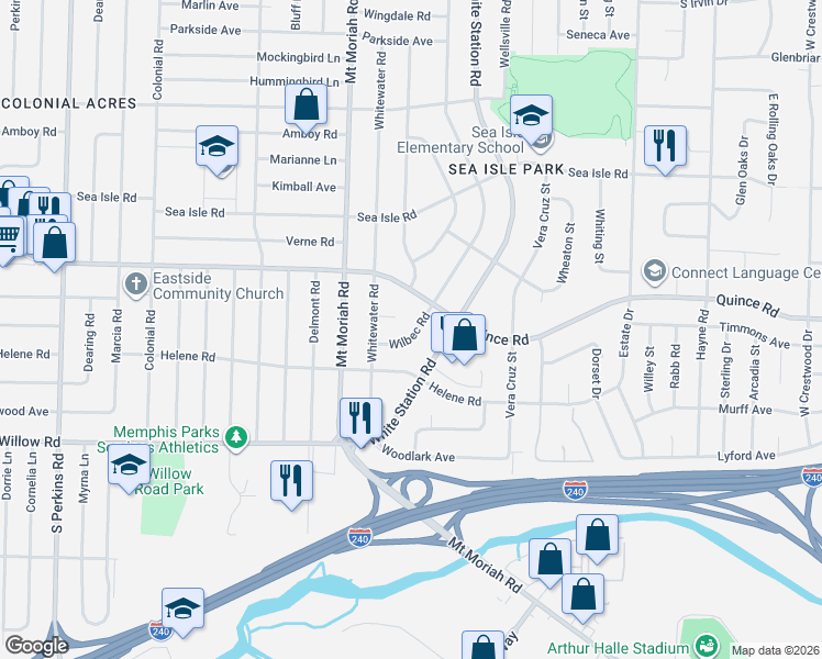 map of restaurants, bars, coffee shops, grocery stores, and more near 1561 Wilbec Road in Memphis