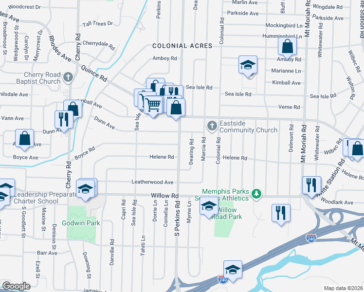 map of restaurants, bars, coffee shops, grocery stores, and more near in Memphis