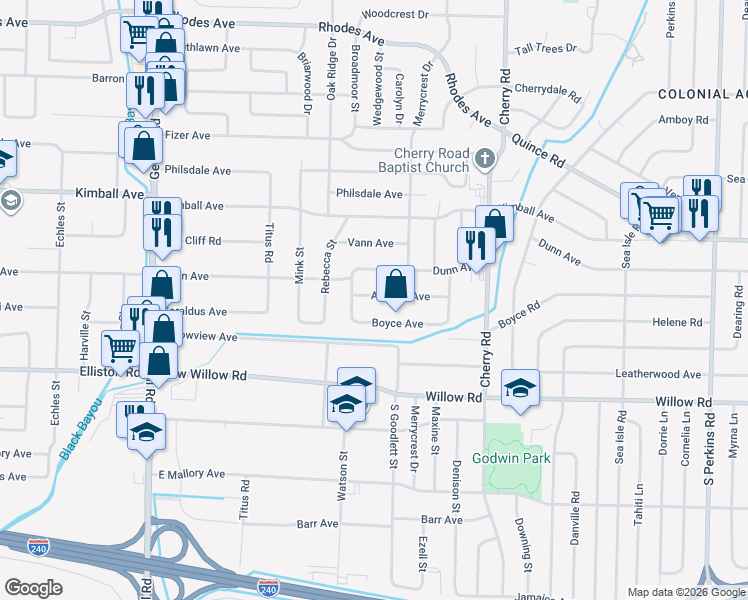 map of restaurants, bars, coffee shops, grocery stores, and more near 4198 Atwood Avenue in Memphis