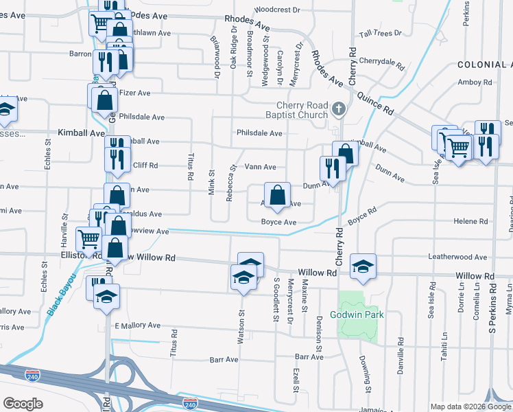 map of restaurants, bars, coffee shops, grocery stores, and more near 4198 Atwood Avenue in Memphis