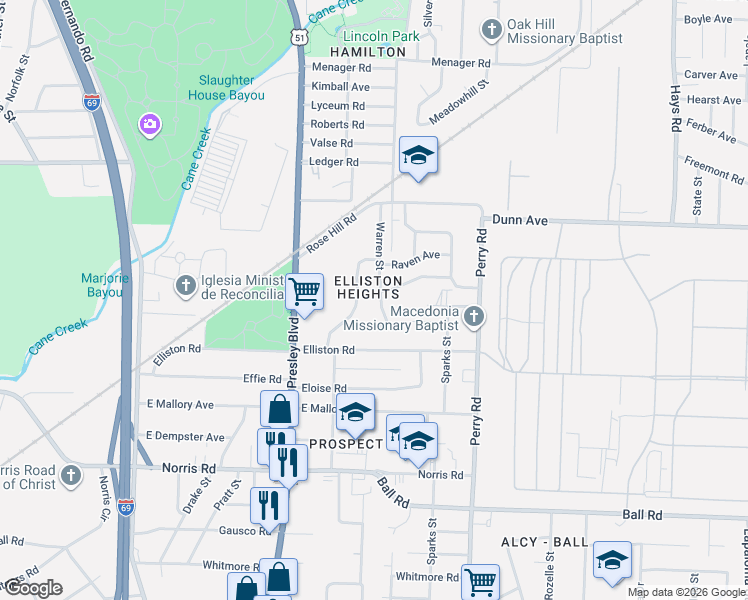 map of restaurants, bars, coffee shops, grocery stores, and more near 2043 Warren Street in Memphis