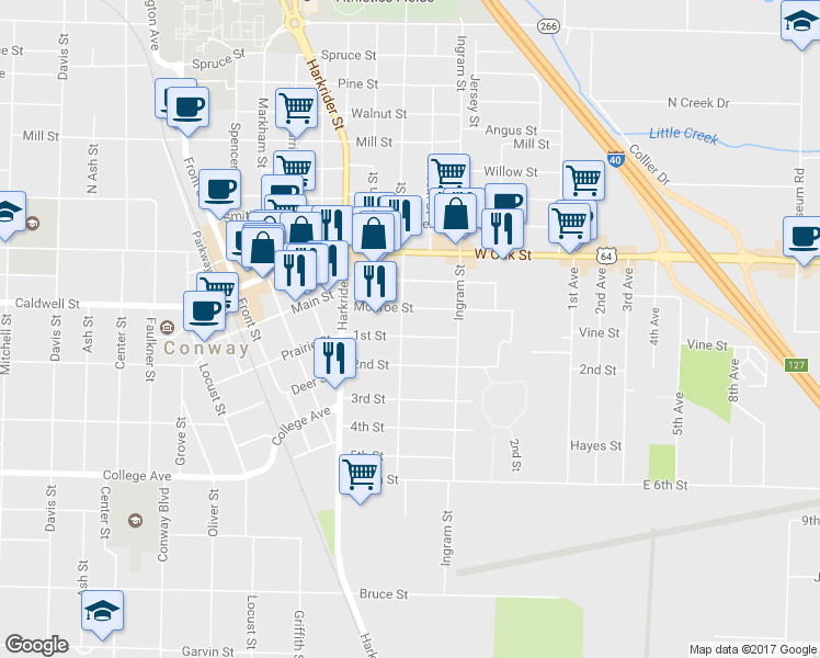 map of restaurants, bars, coffee shops, grocery stores, and more near 717 Factory Street in Conway