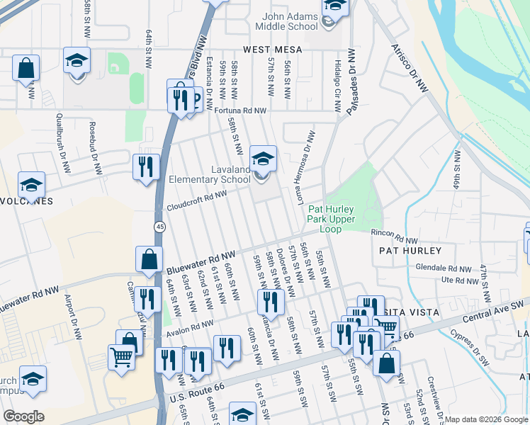 map of restaurants, bars, coffee shops, grocery stores, and more near 424 Dolores Drive Northwest in Albuquerque