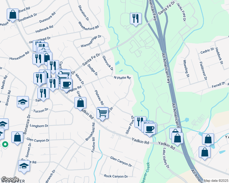 map of restaurants, bars, coffee shops, grocery stores, and more near 5499 Laramie Court in Fayetteville