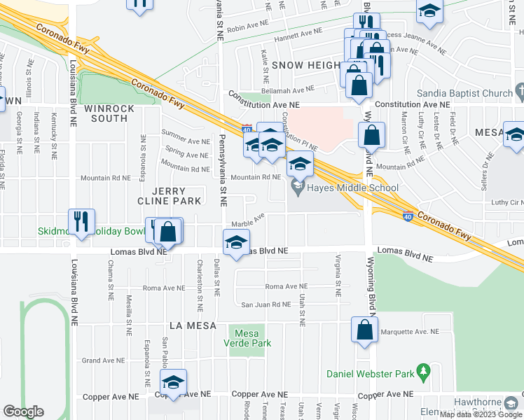 map of restaurants, bars, coffee shops, grocery stores, and more near 8009 Marble Avenue in Albuquerque