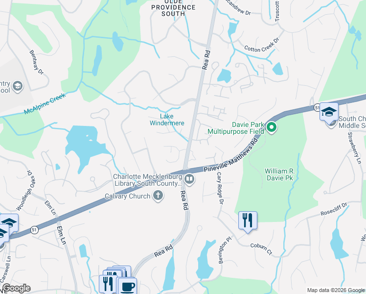 map of restaurants, bars, coffee shops, grocery stores, and more near 5529 Sunstar Court in Charlotte
