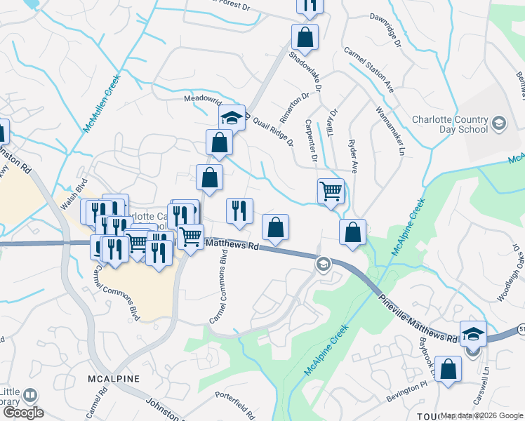 map of restaurants, bars, coffee shops, grocery stores, and more near 7124 Brigmore Drive in Charlotte