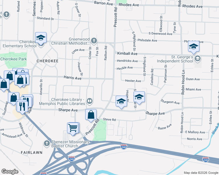 map of restaurants, bars, coffee shops, grocery stores, and more near 1541 Prescott Road in Memphis