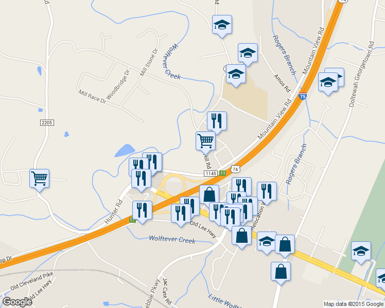 map of restaurants, bars, coffee shops, grocery stores, and more near 5911 Snow Hill Rd in Ooltewah