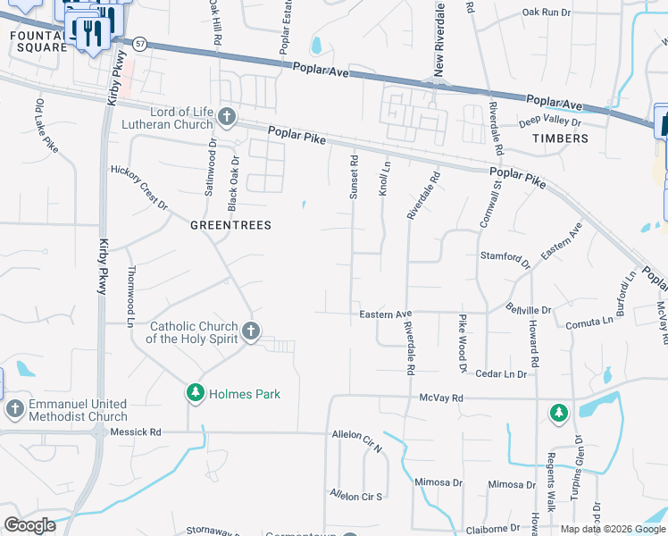 map of restaurants, bars, coffee shops, grocery stores, and more near 7017 Western Street in Memphis
