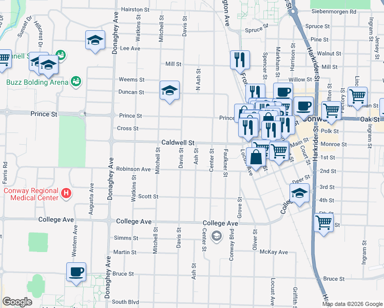 map of restaurants, bars, coffee shops, grocery stores, and more near 834 Ash Street in Conway