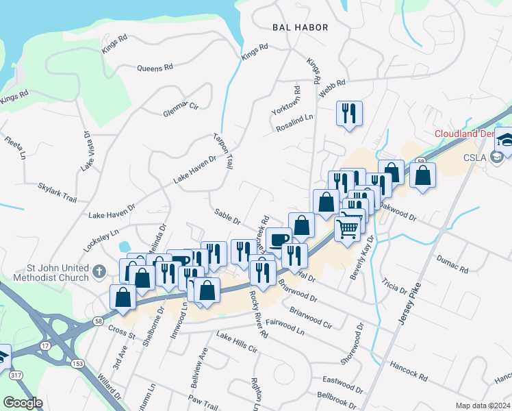 map of restaurants, bars, coffee shops, grocery stores, and more near 4642 Northland Lane in Chattanooga