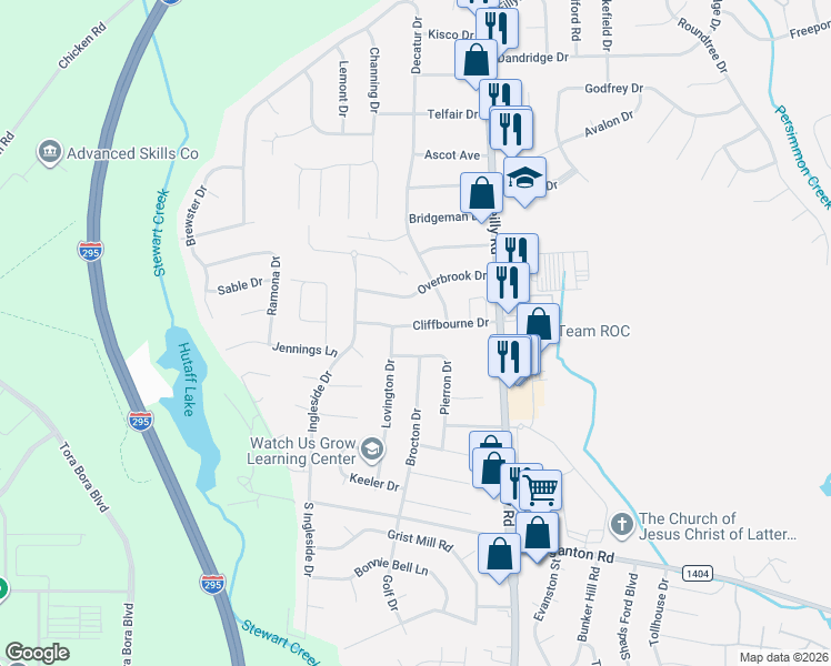 map of restaurants, bars, coffee shops, grocery stores, and more near 7531 Cliffbourne Drive in Fayetteville