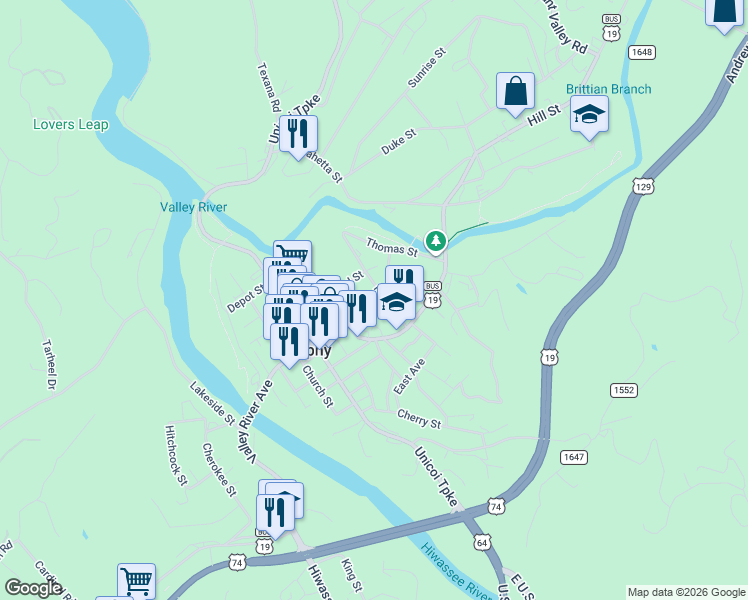 map of restaurants, bars, coffee shops, grocery stores, and more near 95 Hilton Street in Murphy