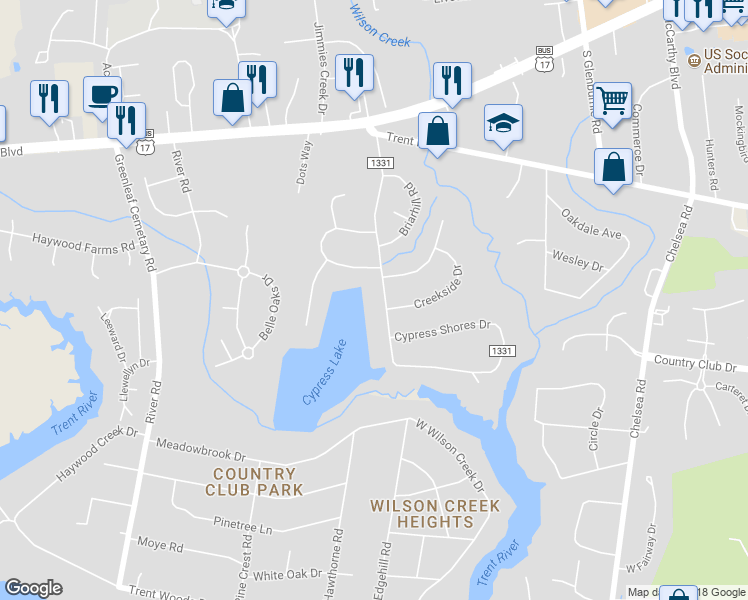 map of restaurants, bars, coffee shops, grocery stores, and more near 5109 Morton Road in New Bern