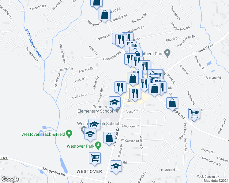 map of restaurants, bars, coffee shops, grocery stores, and more near 805 Bedrock Drive in Fayetteville