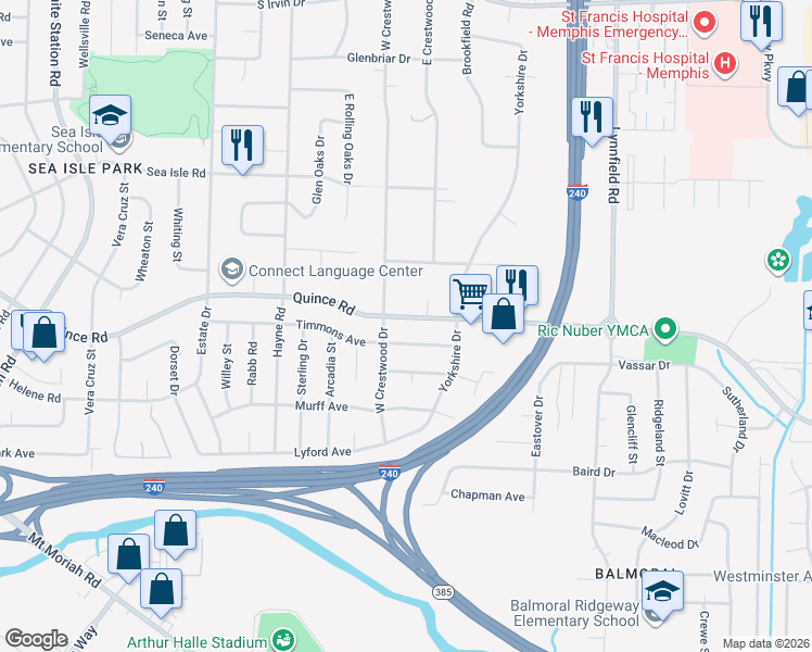 map of restaurants, bars, coffee shops, grocery stores, and more near 5547 Quince Road in Memphis