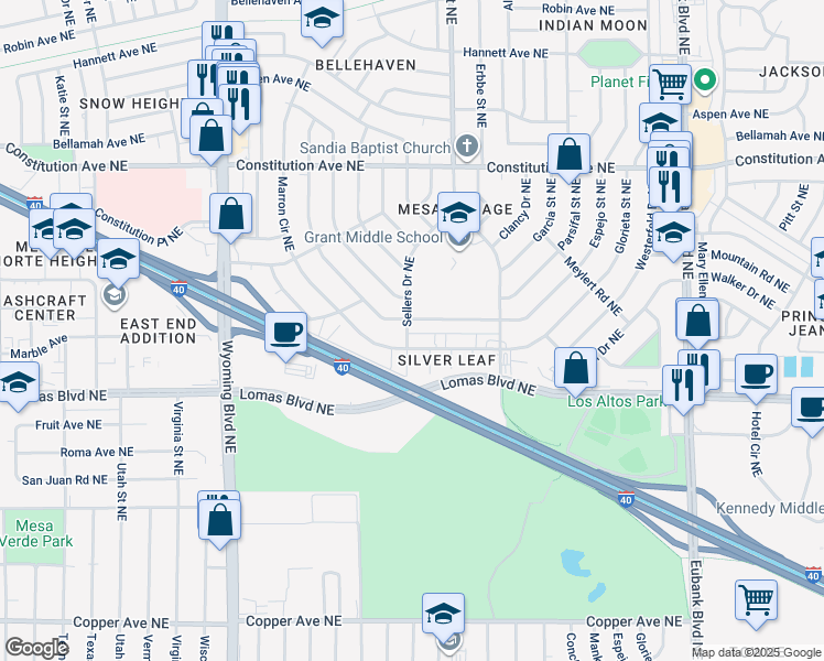 map of restaurants, bars, coffee shops, grocery stores, and more near 1008 Sellers Drive Northeast in Albuquerque