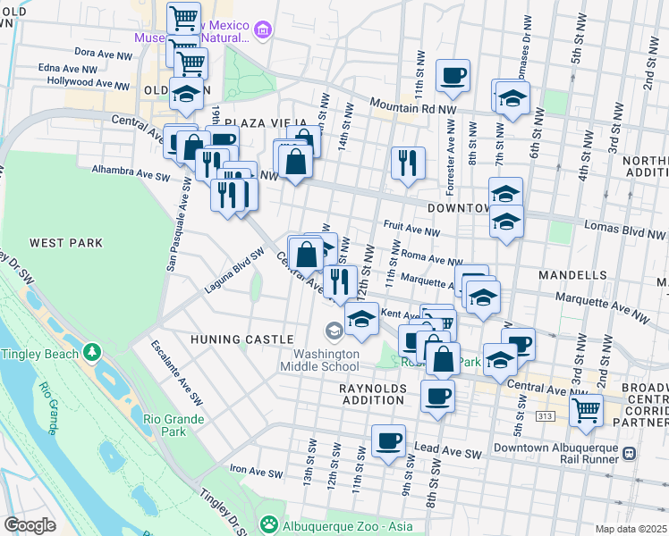map of restaurants, bars, coffee shops, grocery stores, and more near 217 13th Street Northwest in Albuquerque