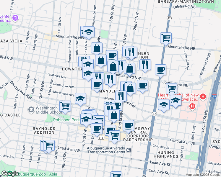 map of restaurants, bars, coffee shops, grocery stores, and more near 500 4th Street Northwest in Albuquerque