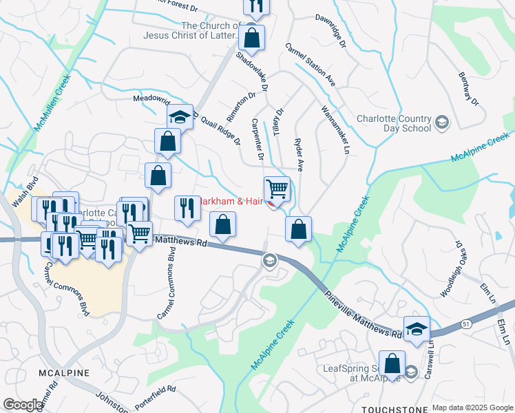 map of restaurants, bars, coffee shops, grocery stores, and more near 6404 Bannington Road in Charlotte
