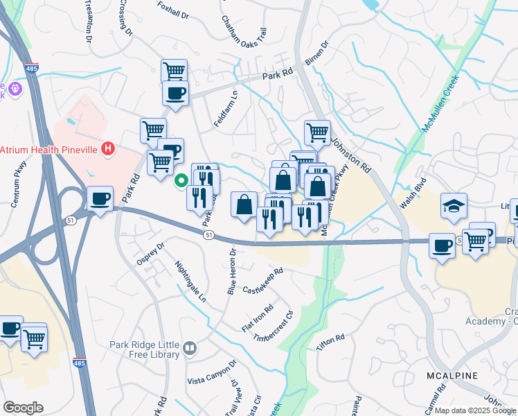 map of restaurants, bars, coffee shops, grocery stores, and more near 10700 Kettering Drive in Charlotte