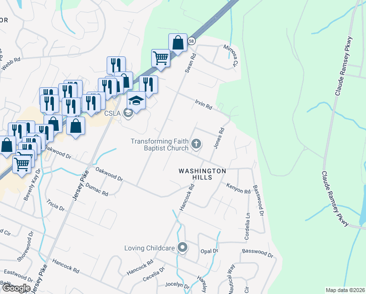 map of restaurants, bars, coffee shops, grocery stores, and more near 5001 Jarrett Rd in Chattanooga