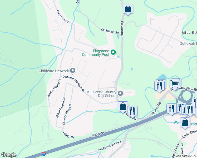 map of restaurants, bars, coffee shops, grocery stores, and more near 5413 Woody Trail in Ooltewah