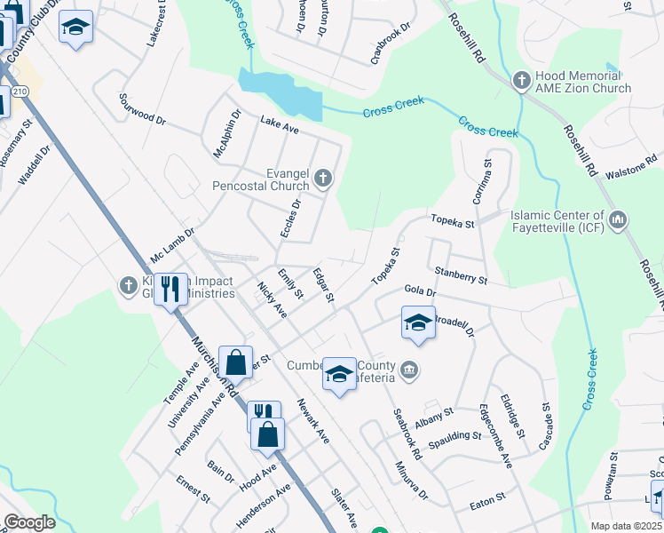 map of restaurants, bars, coffee shops, grocery stores, and more near 2217 Roosevelt Drive in Fayetteville