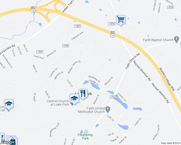 map of restaurants, bars, coffee shops, grocery stores, and more near 4102 Lake Park Road in Indian Trail
