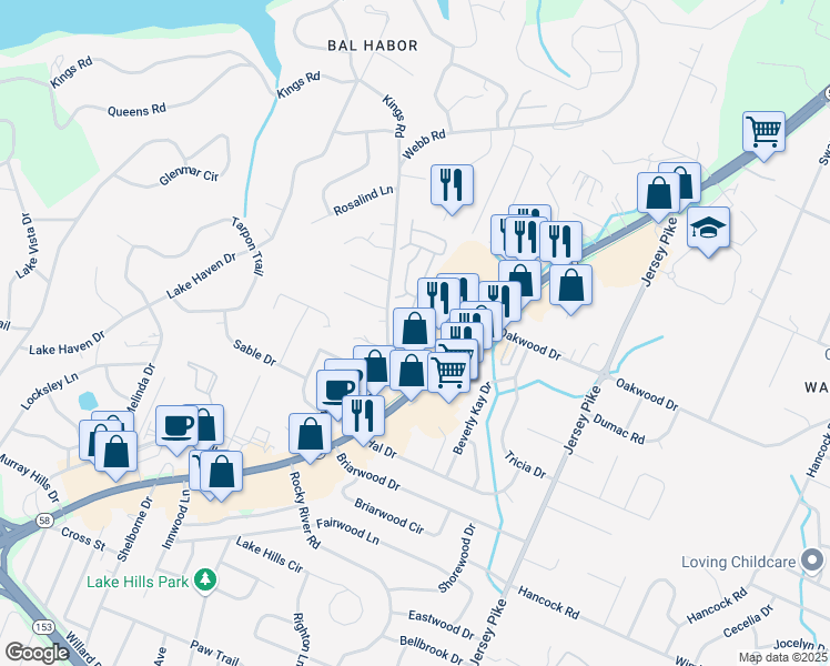 map of restaurants, bars, coffee shops, grocery stores, and more near 4025 Oakwood Drive in Chattanooga