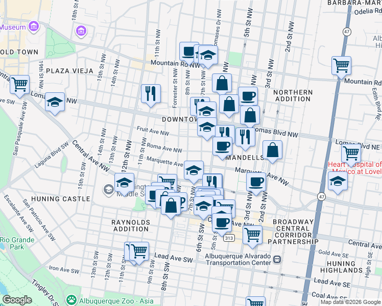 map of restaurants, bars, coffee shops, grocery stores, and more near 700 Roma Avenue Northwest in Albuquerque