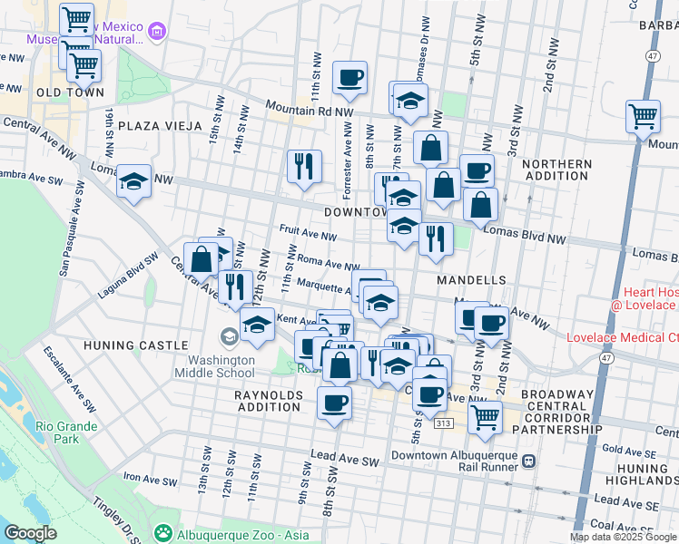 map of restaurants, bars, coffee shops, grocery stores, and more near 908 Roma Avenue Northwest in Albuquerque