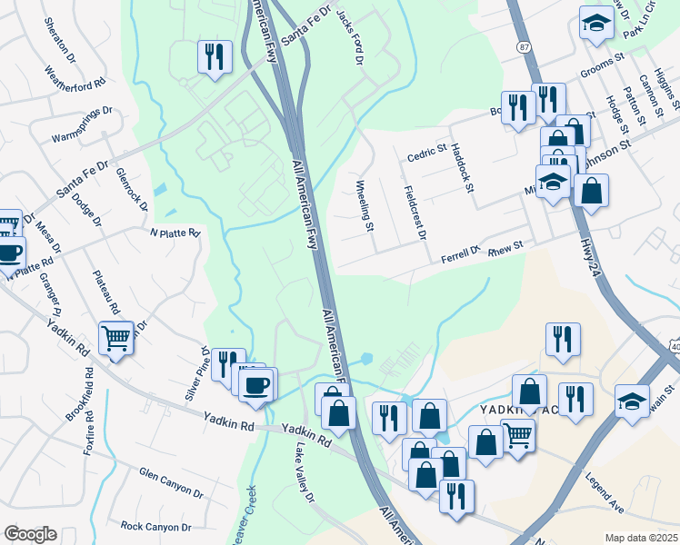 map of restaurants, bars, coffee shops, grocery stores, and more near 616 Dashland Drive in Fayetteville