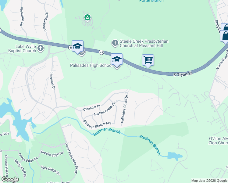 map of restaurants, bars, coffee shops, grocery stores, and more near 15206 Oleander Drive in Charlotte