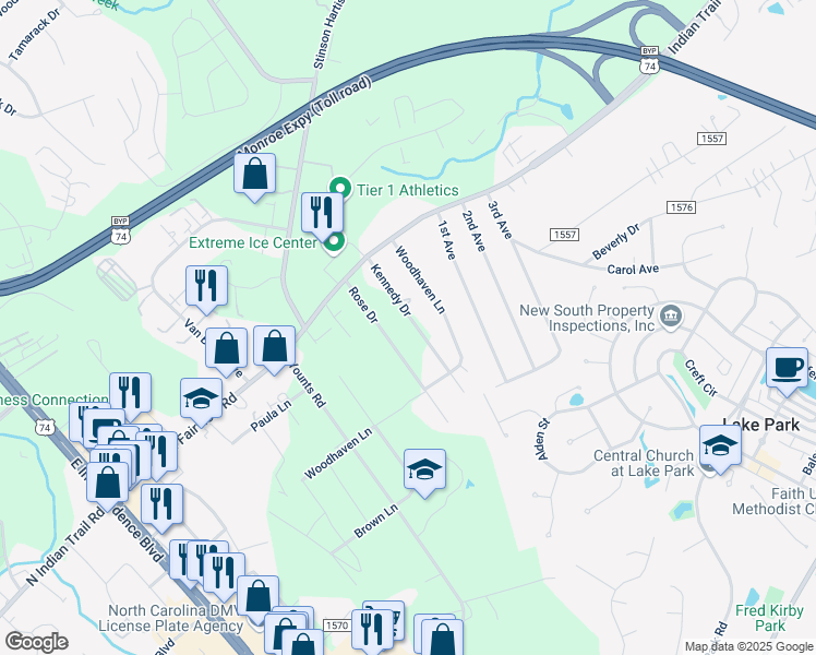 map of restaurants, bars, coffee shops, grocery stores, and more near 6719 Kennedy Drive in Indian Trail