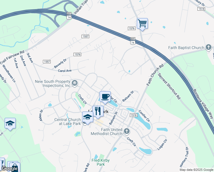 map of restaurants, bars, coffee shops, grocery stores, and more near 4102 Lake Park Road in Indian Trail
