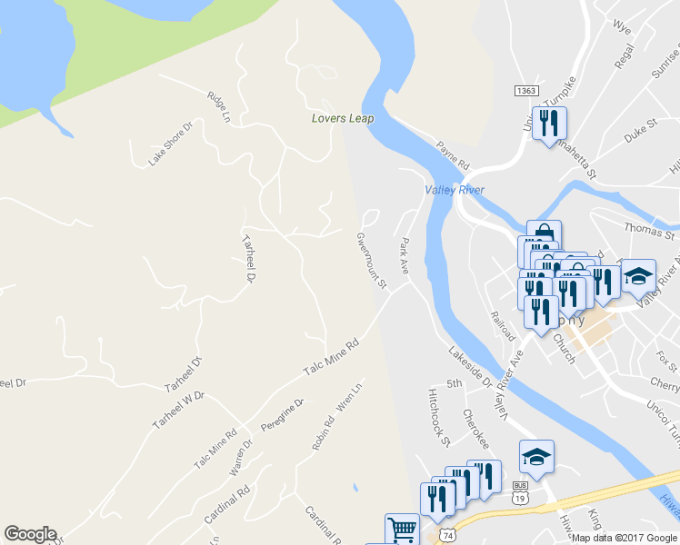 map of restaurants, bars, coffee shops, grocery stores, and more near 107 Timber Ridge Drive in Murphy