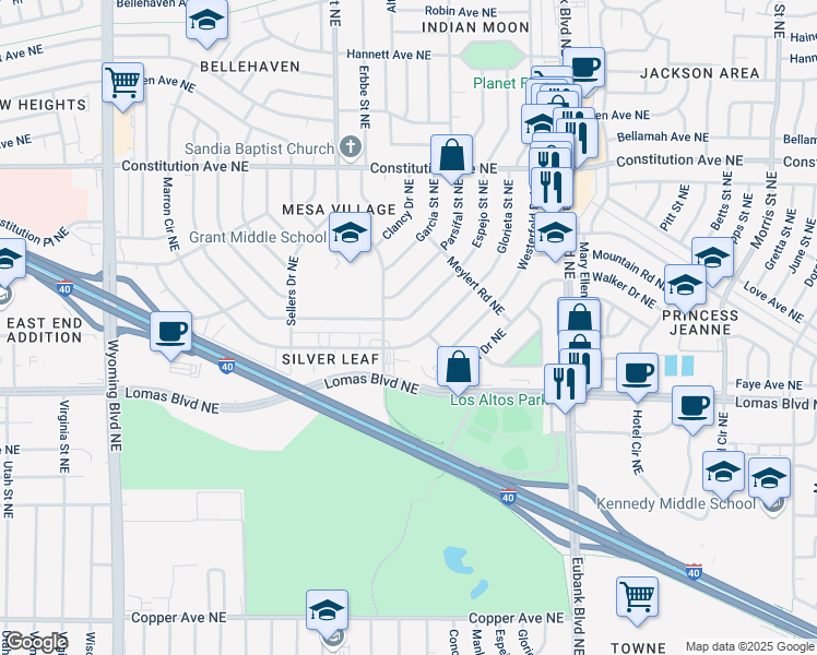map of restaurants, bars, coffee shops, grocery stores, and more near 1012 Espejo St NE in Albuquerque