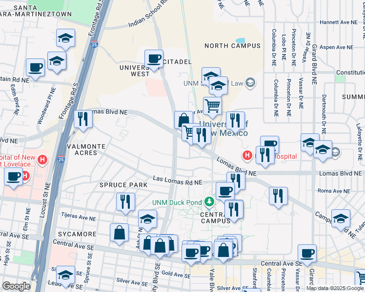 map of restaurants, bars, coffee shops, grocery stores, and more near 1700 Lomas Boulevard Northeast in Albuquerque