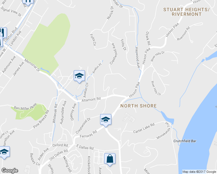 map of restaurants, bars, coffee shops, grocery stores, and more near 2327 Crestwood Drive in Chattanooga