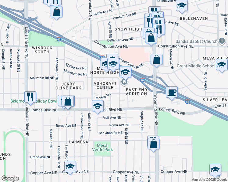 map of restaurants, bars, coffee shops, grocery stores, and more near 8009 Marble Avenue in Albuquerque