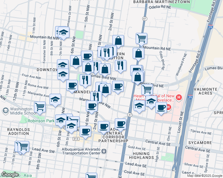 map of restaurants, bars, coffee shops, grocery stores, and more near 702 1st Street Northwest in Albuquerque
