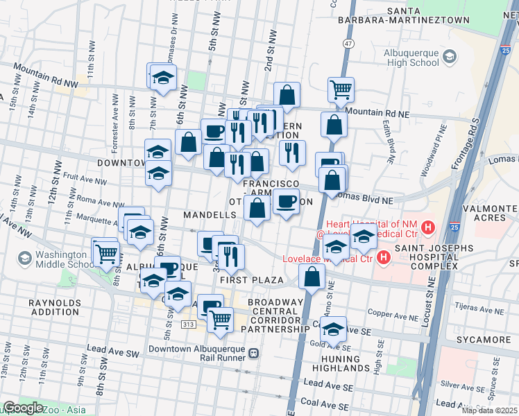 map of restaurants, bars, coffee shops, grocery stores, and more near 702 1st Street Northwest in Albuquerque