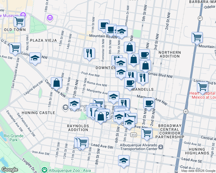 map of restaurants, bars, coffee shops, grocery stores, and more near 500 Keleher Avenue Northwest in Albuquerque