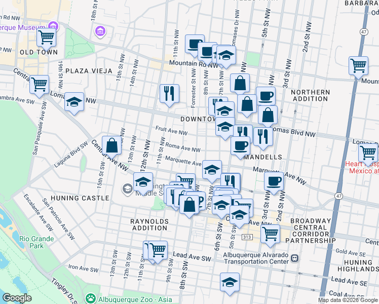 map of restaurants, bars, coffee shops, grocery stores, and more near 500 Keleher Avenue Northwest in Albuquerque