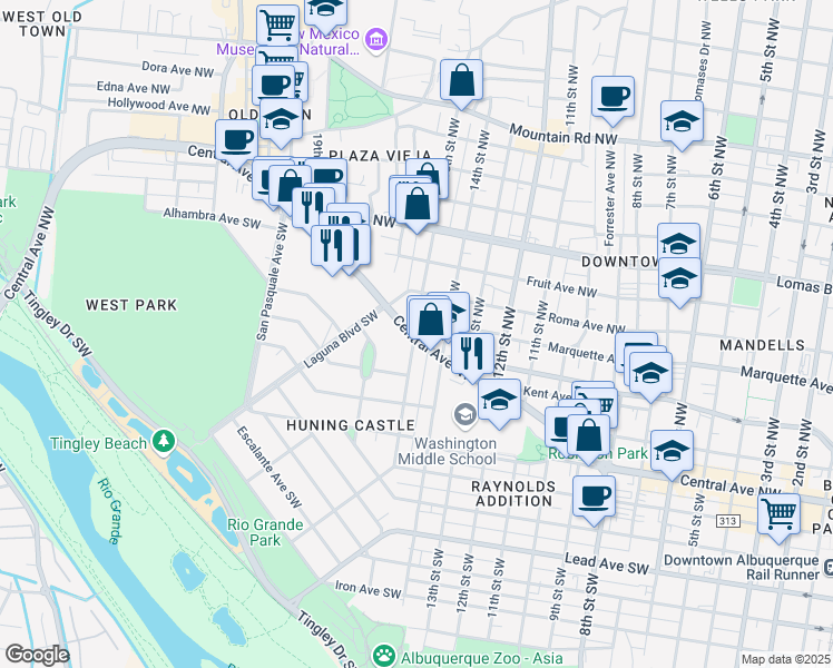 map of restaurants, bars, coffee shops, grocery stores, and more near 1429 Central Avenue Northwest in Albuquerque
