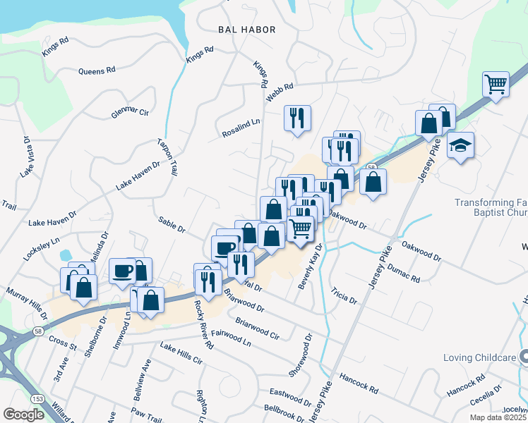 map of restaurants, bars, coffee shops, grocery stores, and more near 3931 Webb Road in Chattanooga
